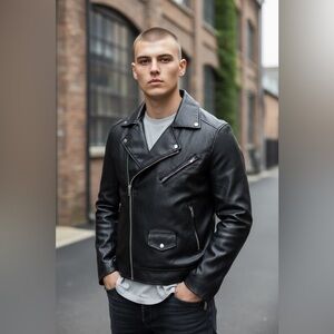 Men’s Black Leather Moto Biker Jacket | Asymmetric Zip | Classic Streetwear | L